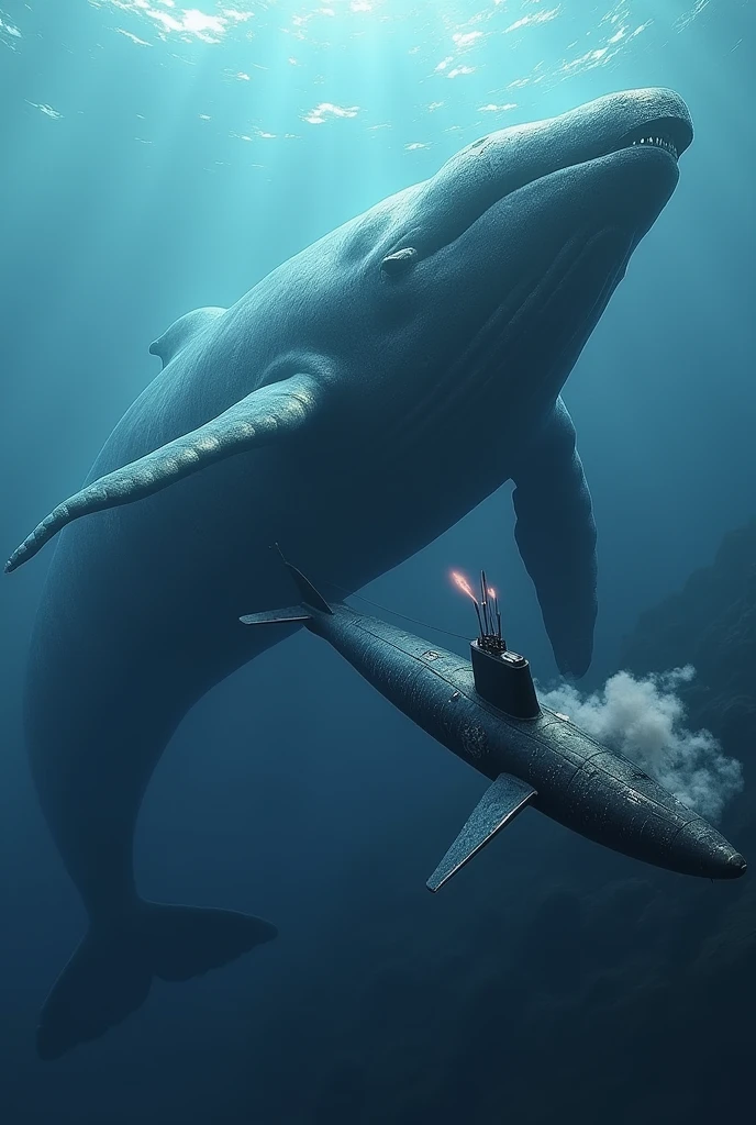 Whale in the depths of the sea with a submarine approaching it, submarine tries to escape to defend itself damaged torpedo fires creature whale bites