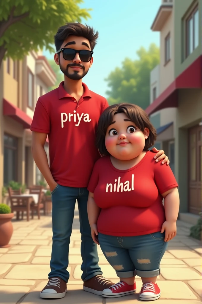 There are 1 couple male is tall female is short girl and chubby girl  wear red shirt printed ( nihal ) on it. Boy wear black sunglasses and red shirt printed ( priya ) on it 