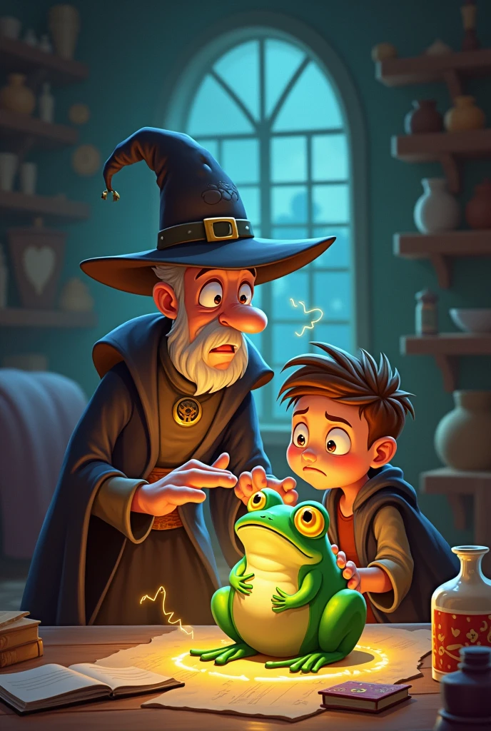 The Magic Goes Wrong_
Malyster did tricks, but they didn't work right. He turned Leo's toy into a frog and couldn't fix it. Leo was sad.