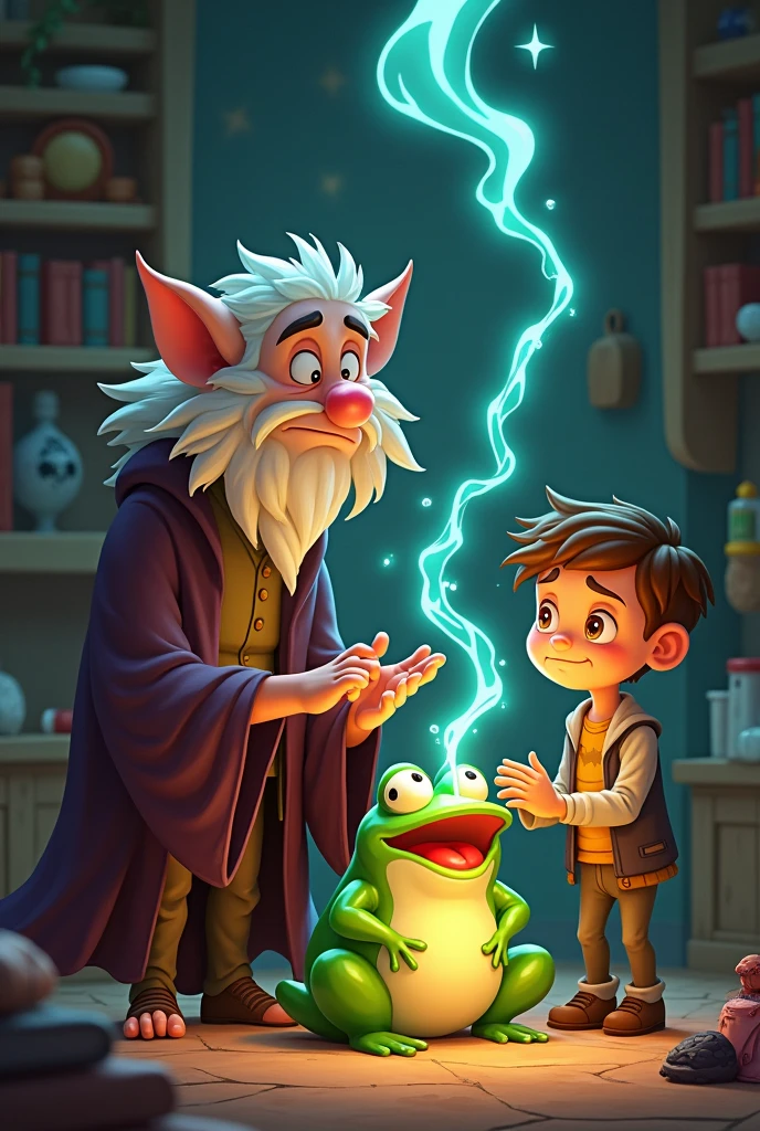 The Magic Goes Wrong_
Malyster did tricks, but they didn't work right. He turned Leo's toy into a frog and couldn't fix it. Leo was sad.