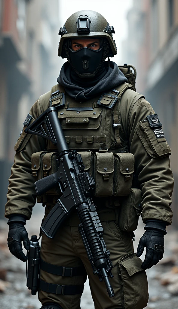 Military soldier. In military uniform and batinkas and equipment and firearms m4 and armored rifle and pouches and goggles and a black raincoat and a tactical military helmet on the head and a black balaqua and gloves