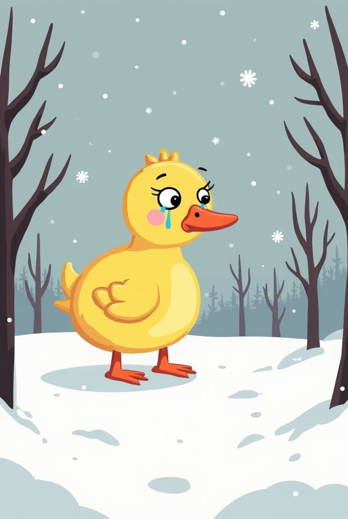 ugly white duckling crying in the middle of winter, peppa pig drawing style