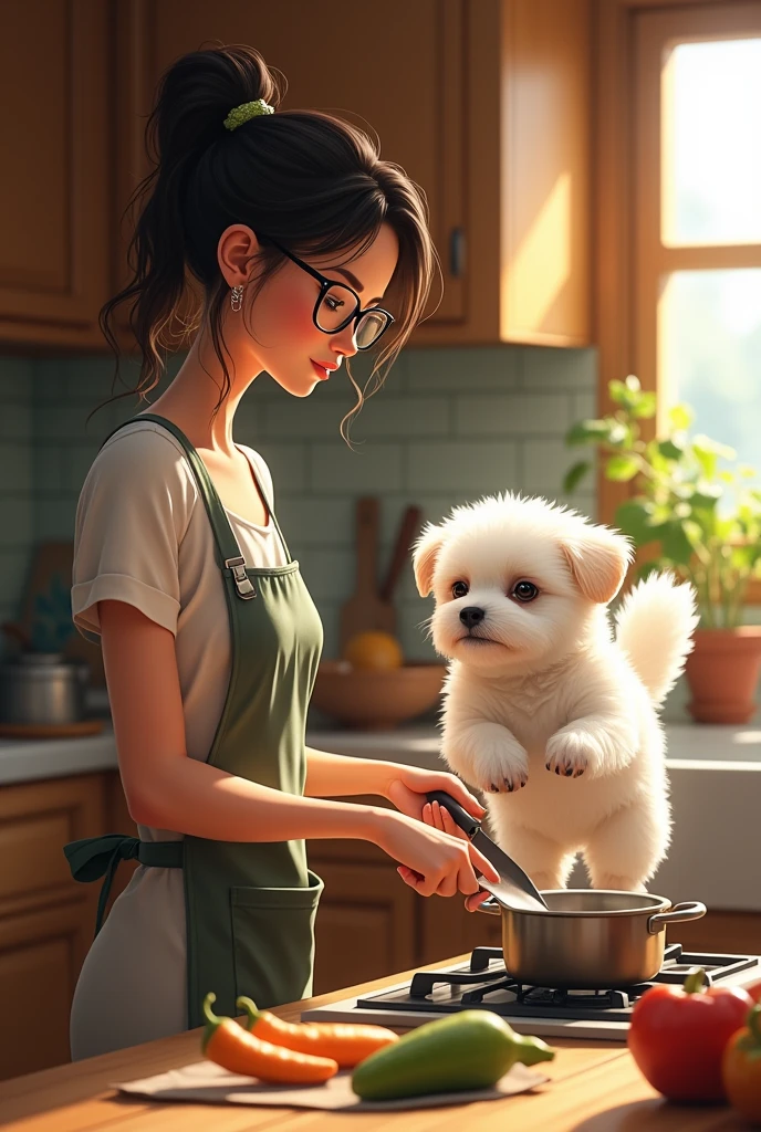 Thin woman with glasses cooking and a small white dog bothering her