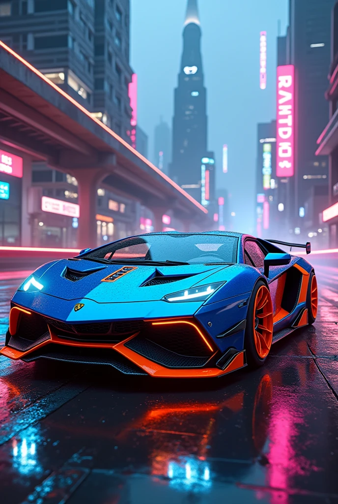 Lamborghini Aventador STO with blue orange bodikit in siberpunk city with neon lights in nose floor