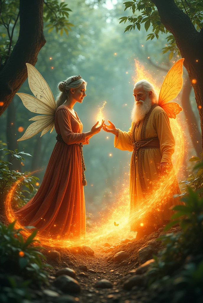 A grand mother fairy showing her power of fire and a grandfather fairy showing his power of soil