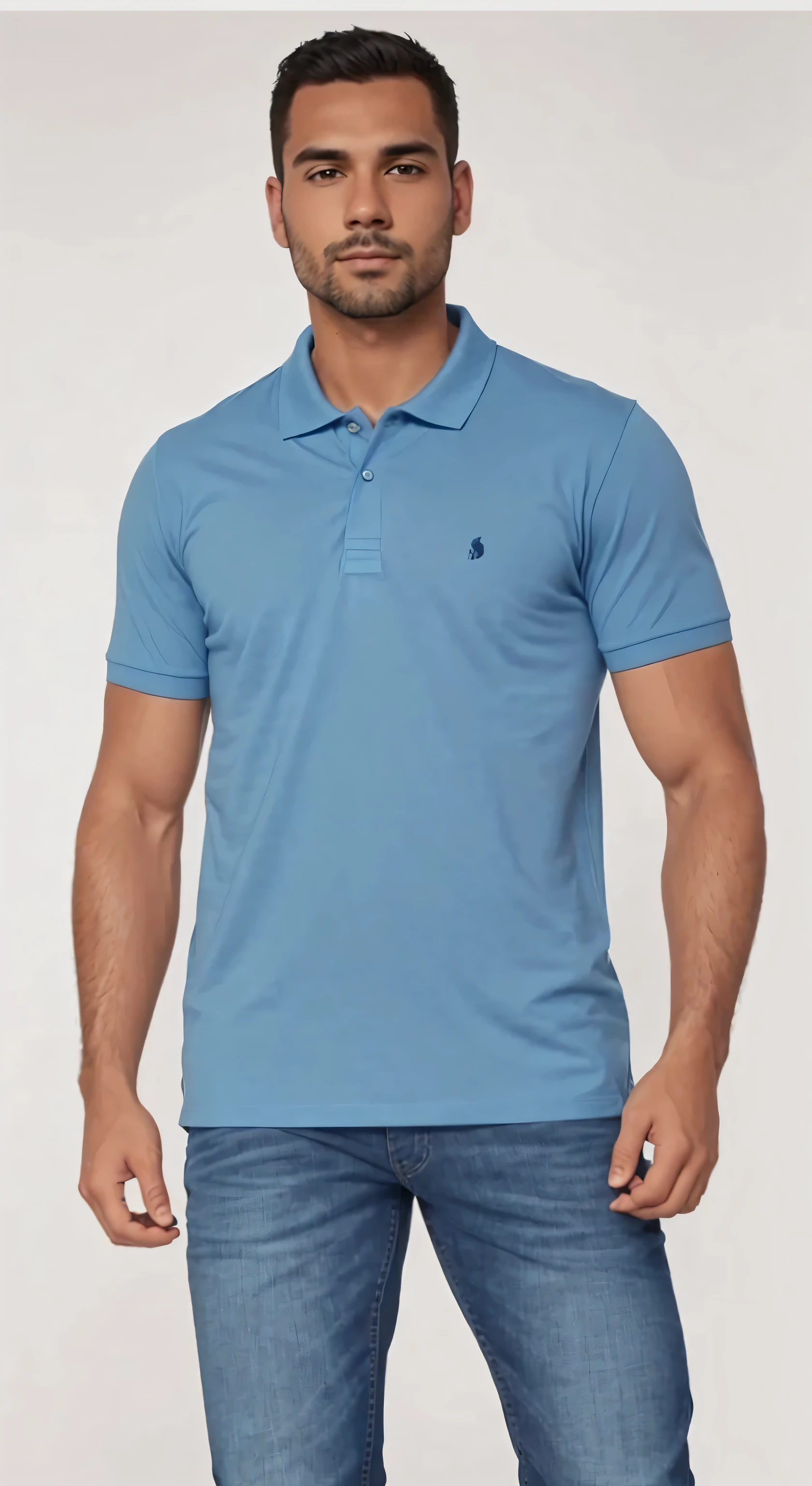 a man in a blue shirt and jeans posing for a picture, wearing a dark blue polo shirt, wearing polo shirt, in a dark teal polo shirt, wearing a light blue shirt, medium blue, blue clothing, blue shirt, sky blue, collared shirt, modern casual clothing, short sleeves, plain uniform sky, aqua, light-blue, blue, blue tight tshirt