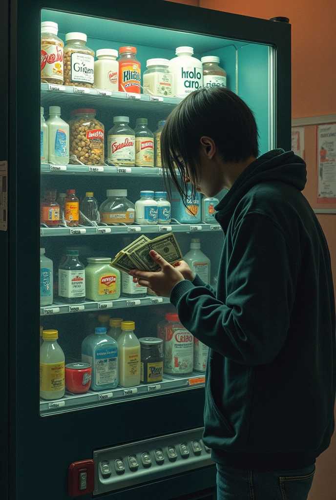 Concept: A person standing in front of a vending machine, with their head stuck inside, as if they’ve been swallowed by it. The machine is filled with not just snacks, but also pills, alcohol miniatures, and credit cards. The figure’s hand is visible outside the machine, desperately clutching a few dollar bills.