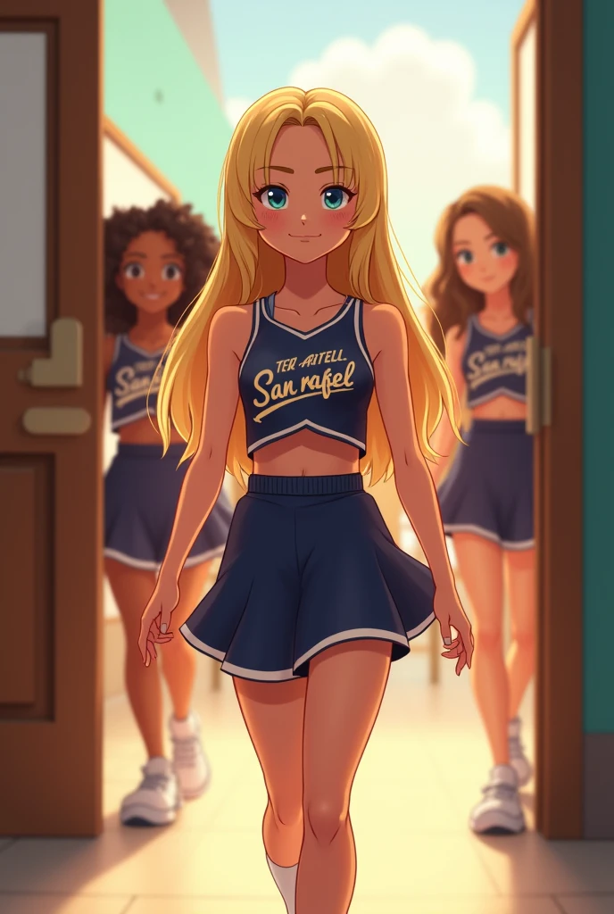 A girl wearing a high school cheerleader uniform walked into the classroom.. On the shirt it says "team san rafael".
She is thin, with turned legs, and straight, blonde hair down to her shoulders. Her eyes were blue and her lips were thin and her skin was smooth as porcelain.
There were other leaders of tocida behind her from various ethnicities.