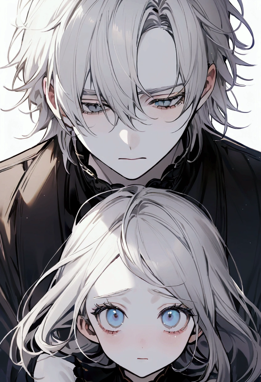 Engeal is a boy who is about 1.70 cm, He has short white hair, She has pale skin and a thin build and a small waist., He also has blue and grey eyes., along with his eyelashes and eyebrows being white as well as his hair, He has a sad look