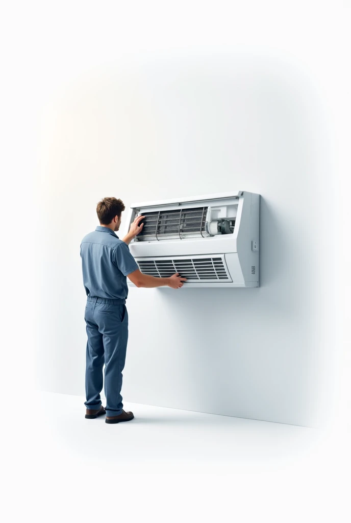 Air conditioner installed in a wall and a worker repairing it in a white background