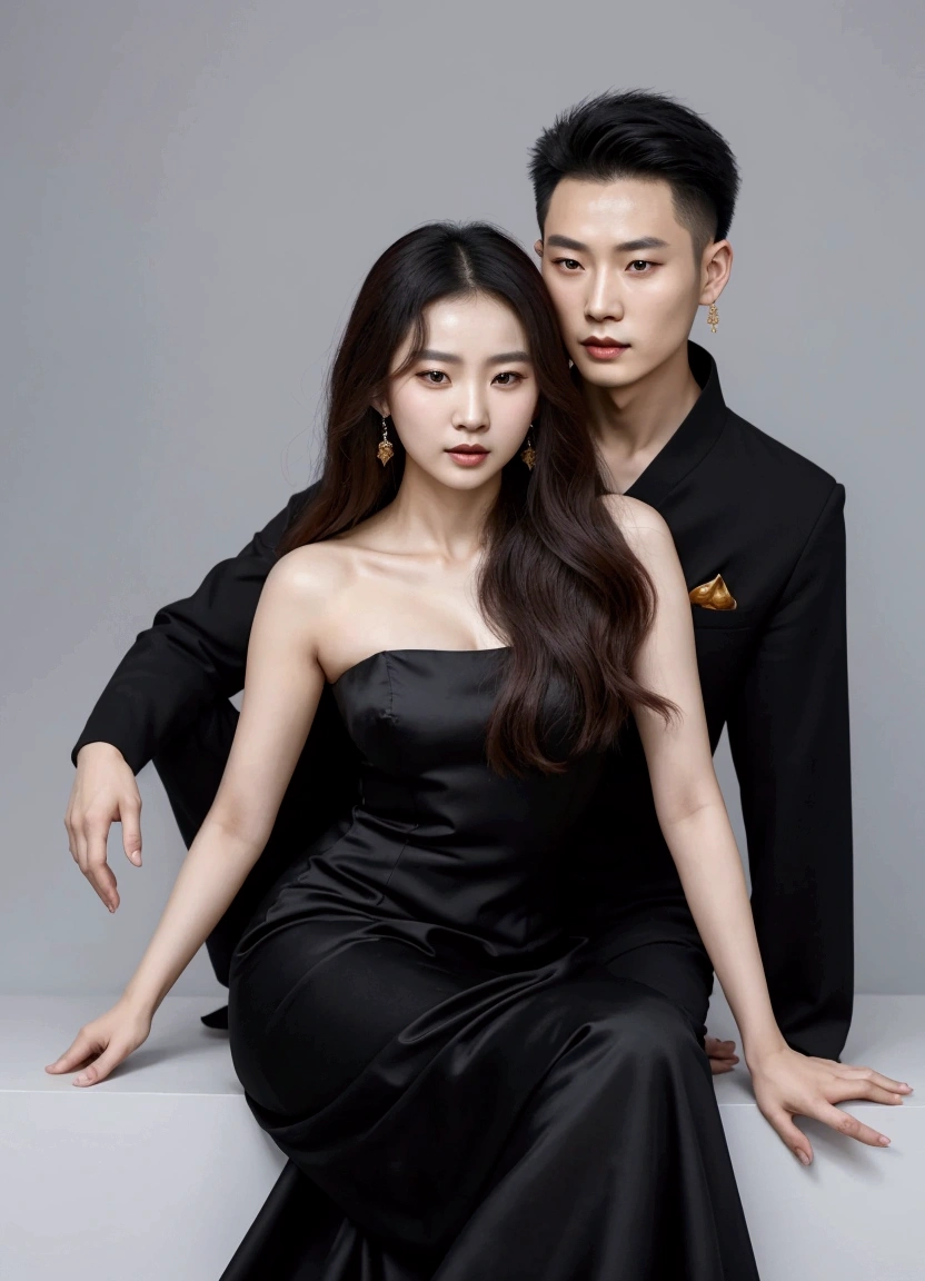 a couple of asian people posing for a picture in a black dress, cai xukun, photoshoot, full body xianxia, ruan jia and brom, yanjun chengt, ruan jia and fenghua zhong, inspired by Wang Duo, yan, xianxia, inspired by Dai Xi, by Ni Tian, photo shoot, ruan jian