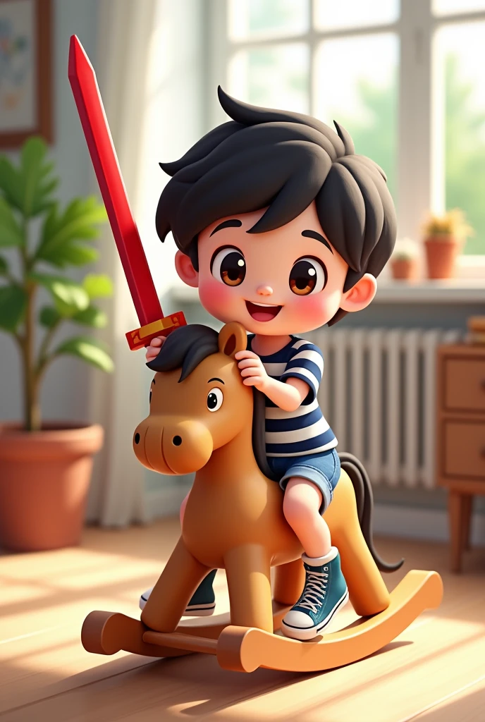 cartoon character sitting on a wooden rocking horse with a red sword in his hand in the middle of the room, short black hair, dark brown eyes, light skin, wearing a navy blue and white striped shirt, denim shorts, and All Star sneakers, cheerful and with an innocent look