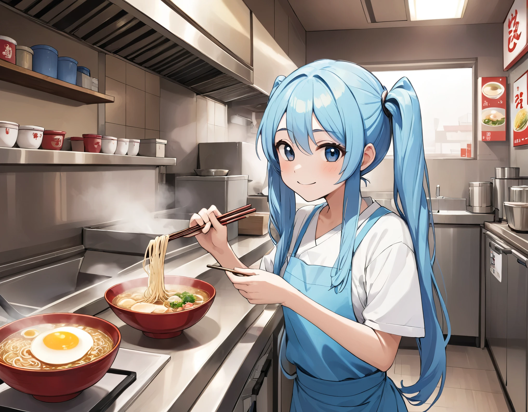 Stylish interior、A teenage girl working part-time at a popular ramen shop、Smiling while making ramen in the kitchen。Light blue long hair、Twin tails 、Her youth and passion、The smell of food fills the store.。