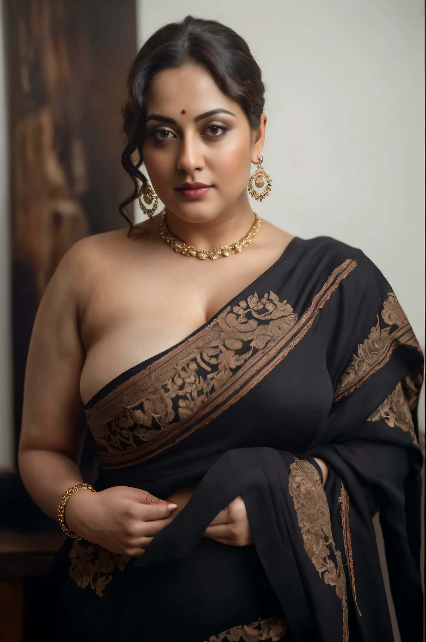 Looks like Sandeepa Dhar, a photo portrait of a beautiful girl 60 years old Woman, curvy hot mommy figure, fleshy figure, feminine curve, with curls, styled black hair, (face portrait:1.5), dramatic light, Rembrandt lighting scheme, bust shot, linen tank top , top quality editorial photograph, skin texture, skin pores, chocolate skin, high quality skin, top quality photography, professional photography, professional retouching, insane detailing, warm moody tones, modern clothes, highly detailed armpits,