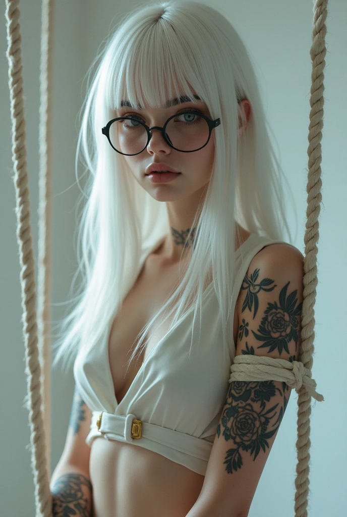 
create me a picture of a European girl with long straight white hair with bangs blue eyes with glasses tattooed upside down with her legs hanging tied by ropes and her hands behind her back with ropes