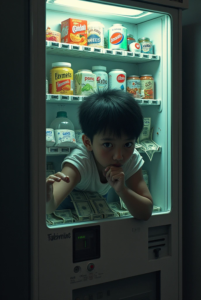 A boy while looking in the mirror only sees junk food, related to eating disorder