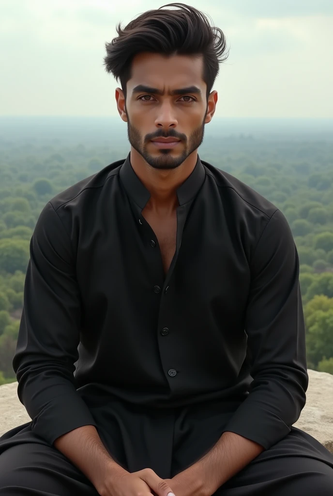 A handsome, 1, wearing a black collared Shalwar Kameez with the top two buttons open, sitting on a high place.