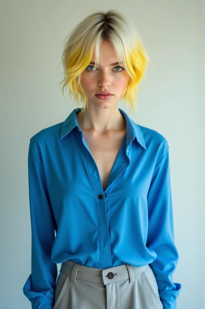 Female character with a blue blouse, light gray pants, short blonde hair with yellow and white streaks, white skin