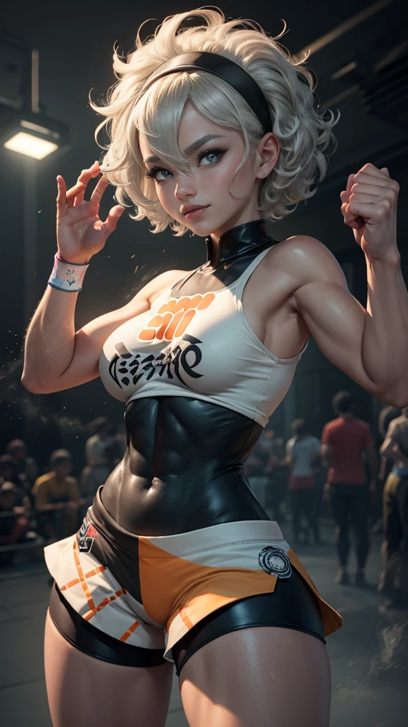 Bea da pokemon,(best qualityer,4K,8k,high resolution, work of art:1.2)(weather: cloudy), Pokemon stadium background, short curly hair, gray hair, cropped shirt, micro shorts, thigh high stockings, headband, gloves, leotard, nipples, ultra detailed, realistic, beautiful detailed gray eyes, beautiful detailed lips, extremely detailed eye and face, extremely detailed hands, long eyelashes, average, medium breasts, flying hair, beaming smile, powerful girl in a combat, kung fu stance, sweating, bright coloured, dramatic lighting,