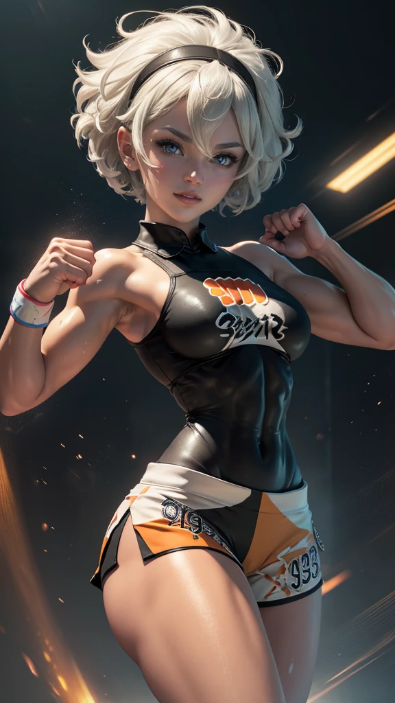 Bea da pokemon,(best qualityer,4K,8k,high resolution, work of art:1.2)(weather: cloudy), Pokemon stadium background, short curly hair, gray hair, cropped shirt, micro shorts, thigh high stockings, headband, gloves, leotard, nipples, ultra detailed, realistic, beautiful detailed gray eyes, beautiful detailed lips, extremely detailed eye and face, extremely detailed hands, long eyelashes, average, medium breasts, flying hair, beaming smile, powerful girl in a combat, kung fu stance, sweating, bright coloured, dramatic lighting,
