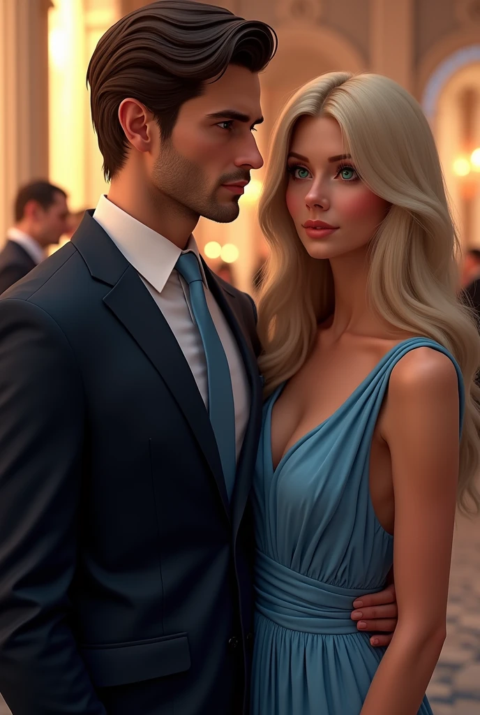 (Photorealism:1.2), man in a suit with a blue tie dark brown hair brown eyes and a woman with blonde green eyes long hair wearing a blue dress at an elegant 8k ultra realistic photorealistic super detailed the best possible
