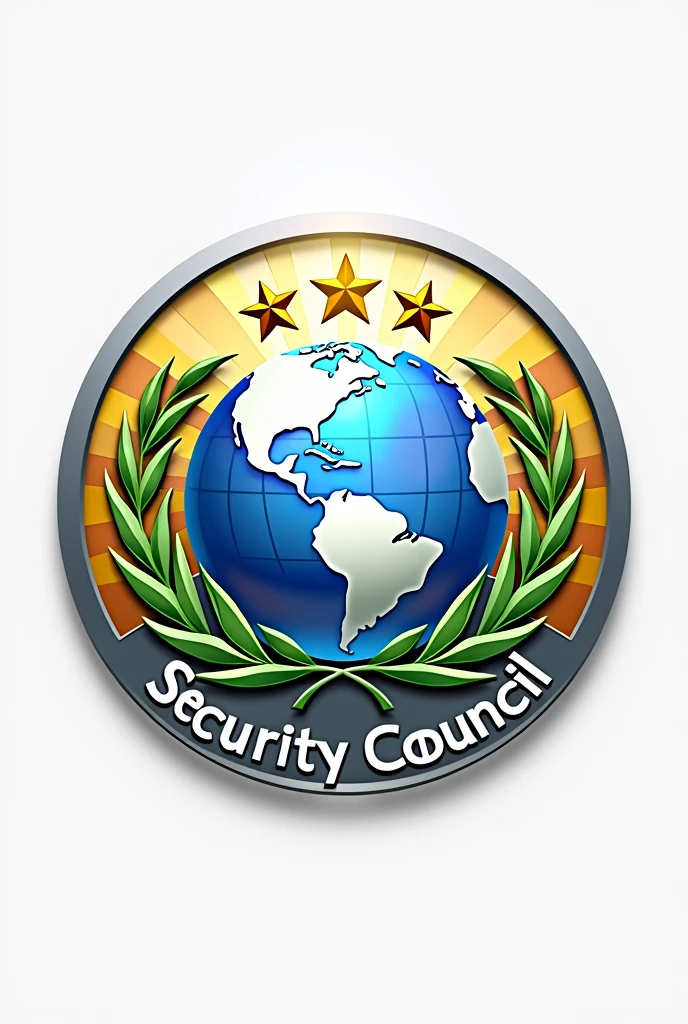 Crea un logo representativo del Security Council de las Naciones Unidas podría incluir un globo terráqueo estilizado en azul, symbolizing the global community, surrounded by two green olive branches representing peace. A circle of five golden stars could frame the globe, symbolizing the unity among the five permanent members of the Council. Name "Security Council" It could be in a modern and clear font at the bottom, in white or gold. To complement the design, You could add elements such as a background of rays of light that symbolize hope and a silver-colored border that adds a touch of elegance and formality., reflecting the importance and prestige of the institution in promoting global peace and security.