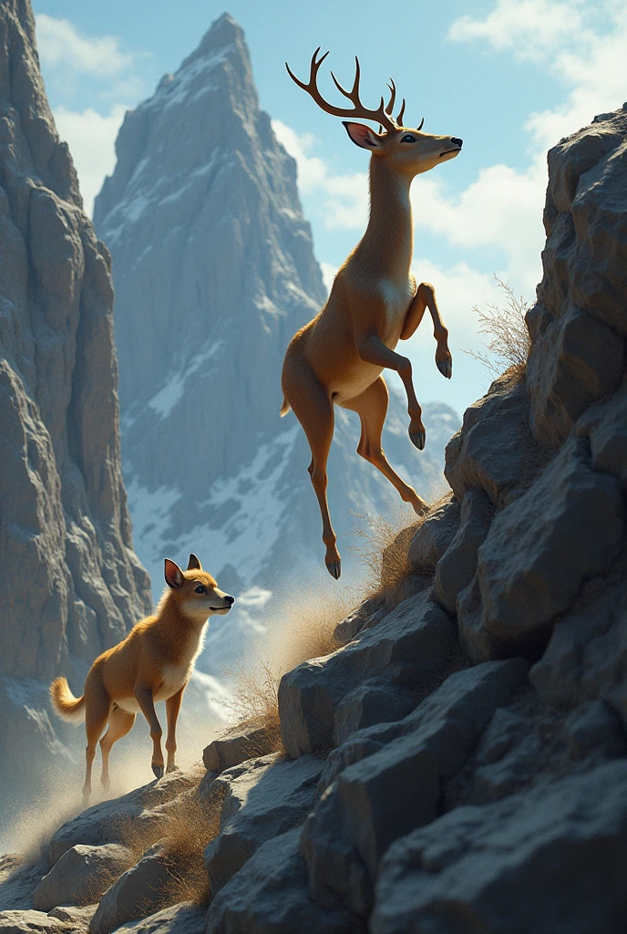 Deer climbing a rocky mountain to escape a dog