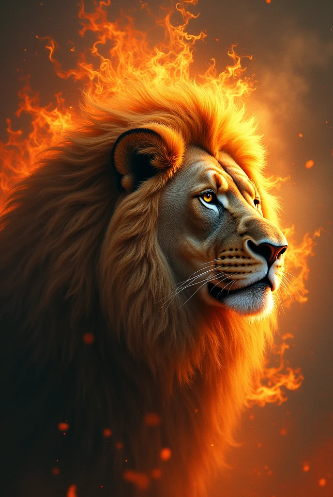 A face of a lion with a musical figure with flames in the background