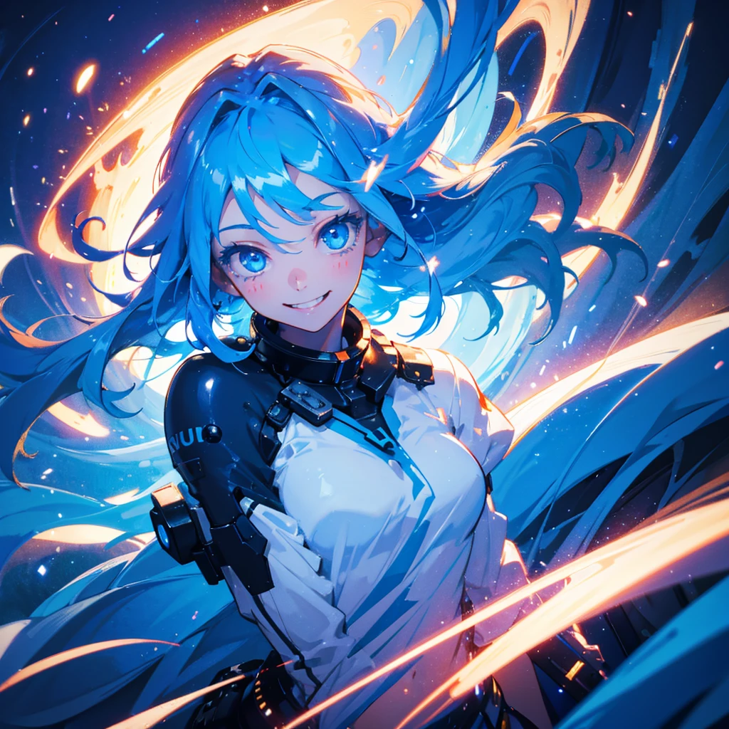 One girl, Long Hair, smile, blue eyes, Blue Hair/Light blue hair, High resolution, Ultra high definition, Textured skin, Very detailed, smiling, Cinematic light effects, Surrealism,