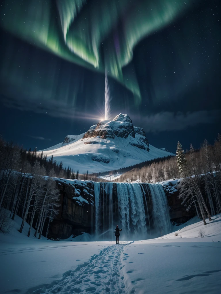 a majestic icy landscape, frozen snowy mountains, bare trees covered in snow, a raging snowstorm, a tranquil frozen lake with a cascading waterfall, vibrant northern lights dancing in the night sky, (best quality,4k,8k,highres,masterpiece:1.2),ultra-detailed,(realistic,photorealistic,photo-realistic:1.37),cinematic lighting,dramatic atmosphere,vivid colors,fantasy,winter,cold