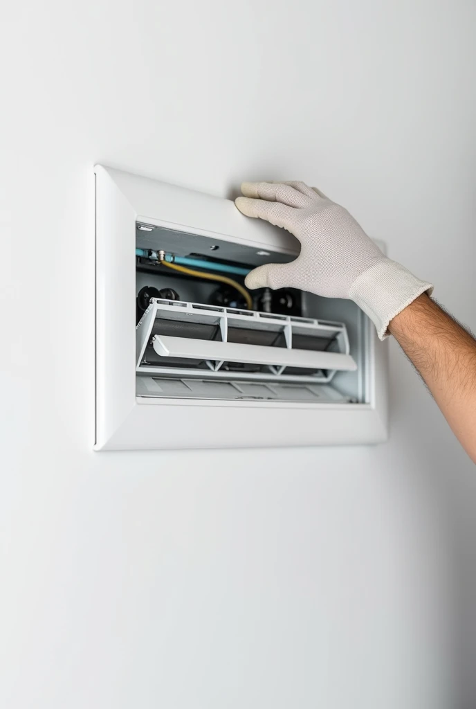 Air conditioner installed in a wall and a worker repairing it only one hand showing in a white background