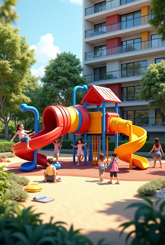 Create a 3D image of a modern, vibrant playground, located in an urban area with vegetation around. The playground should include a large tube-shaped slide., Swings, a colorful climbing structure, and a sandy area. The predominant colors should be cheerful tones, like red, azul e amarelo. Include banks, with children playing and families relaxing around. The background must have a residential building with balconies and glass and trees, suggesting a safe and welcoming environment