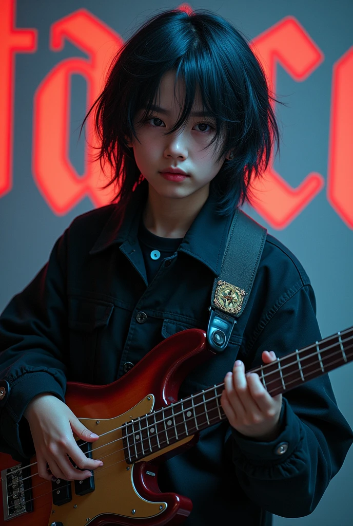 Asian boy who looks like DPR ian and has long hair and the word facneo is written in the background and has a bass in his hands