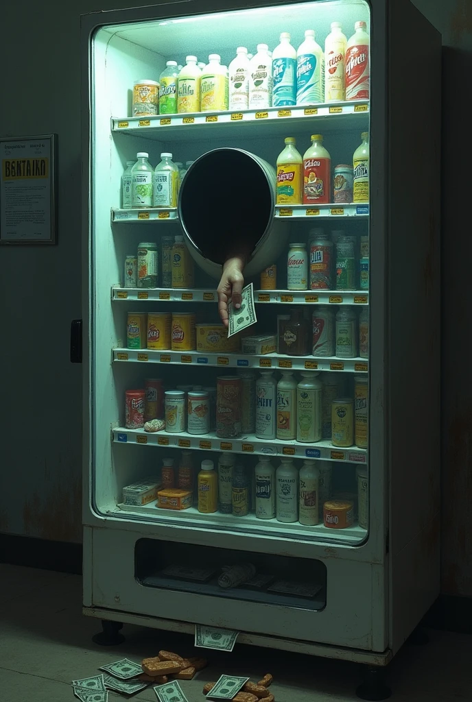 Concept: A person standing in front of a vending machine, with their head stuck inside, as if they’ve been swallowed by it. The machine is filled with not just snacks, but also pills, alcohol miniatures, and credit cards. The figure’s hand is visible outside the machine, desperately clutching a few dollar bills.