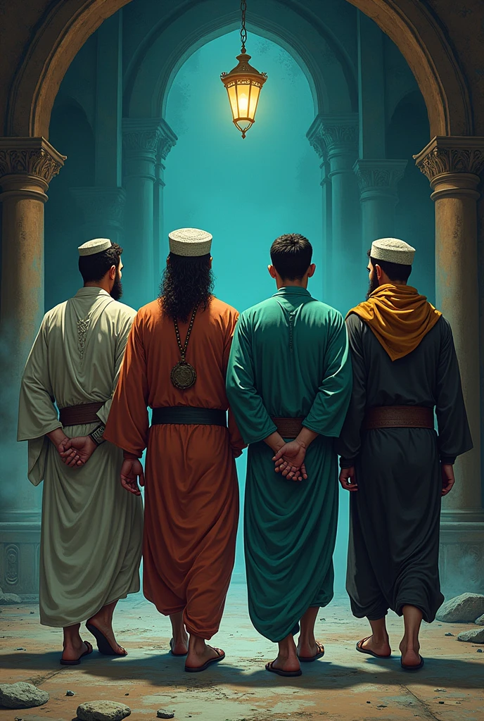 "Four Muslim men with ultra-detailed faces, looking away, are walking together in a medieval European-style church room, used as a field hospital. Each man has a fit, bodybuilder physique. One is wearing a jubba/bisht, the second is in a thobe, the third in a pathani suit, and the fourth in a kurta pajama. All four are wearing kufis/caps on their heads. One man holds a tasbih (prayer beads) in his hand, another wears rings, one has a shawl or scarf draped over his shoulders, and the last is wearing a watch. The atmosphere outside is dark, and the room is dimly lit by a small lamp. The illustration blends fantasy elements with influences from Gothic, Ukiyo-e, and Comic Art, featuring rich colors that add depth and vibrancy to the scene."