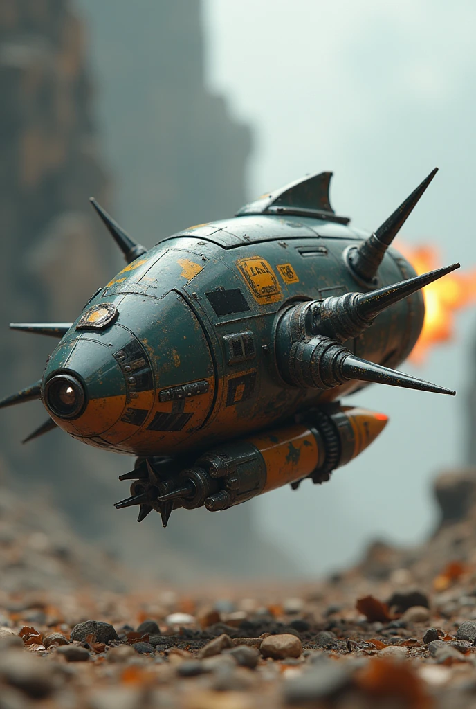 Flying machine, small, simple medium, with spikes, a rocket booster and 3d