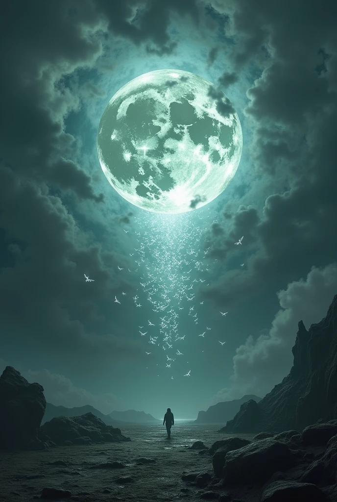 At night the moon collides with the earth, thousands of angels fall from the clouds to the earth.