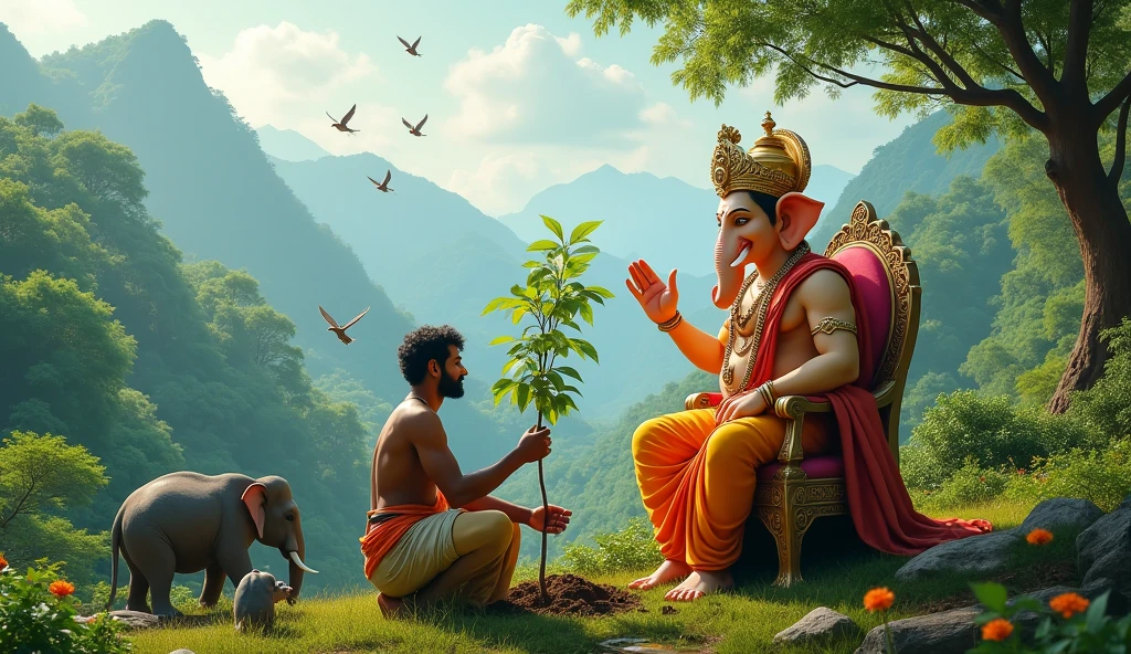High quality ultra HD image of Lord Ganesha blessing with his front right hand to Indian man. Lord ganesha is seating on sinhasan. Indian Man is planting tree and he has wear traditional indian dress. Natural background with mountains, many trees and many birds with one big mouse and elephant.