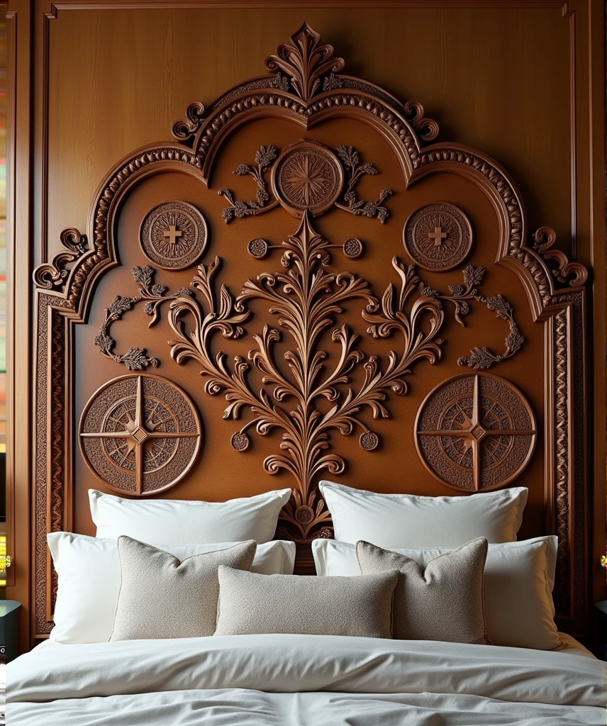 headboard with carved wood with complex geometric patterns and religious symbols