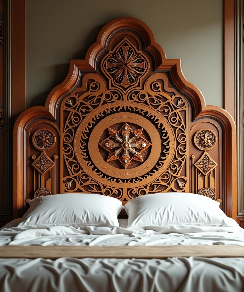 headboard with carved wood with complex geometric patterns and religious symbols