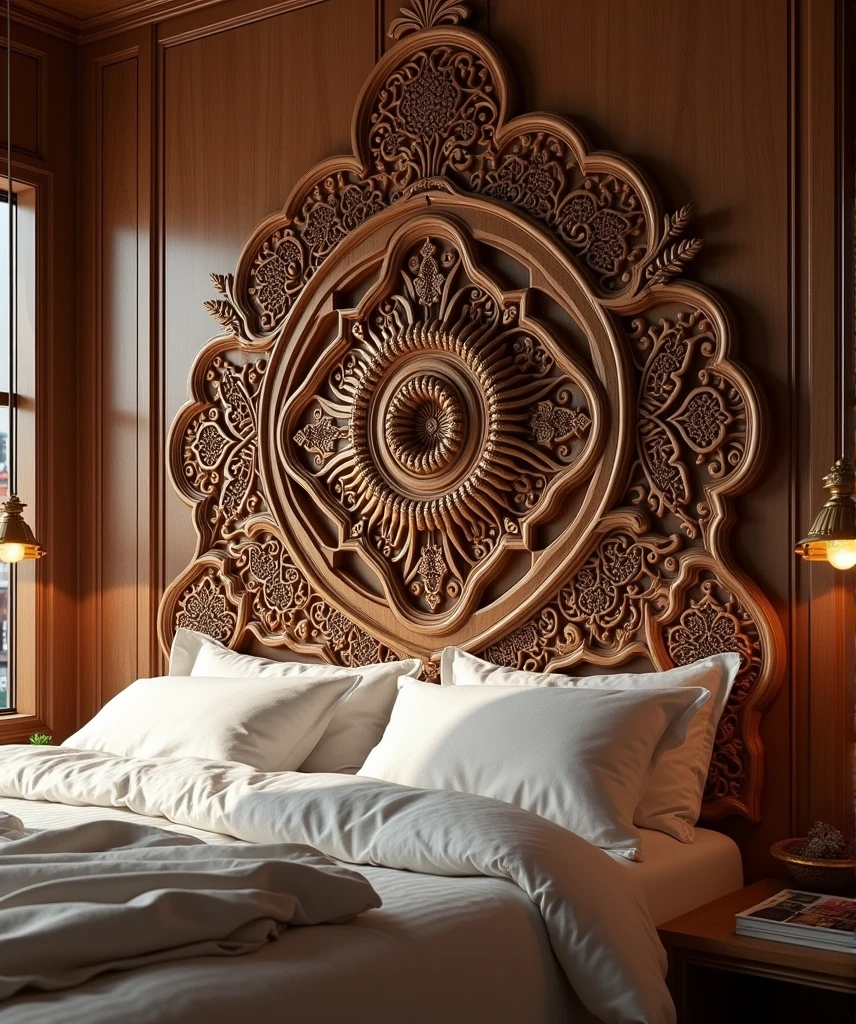 headboard with carved wood with complex geometric patterns and religious symbols
