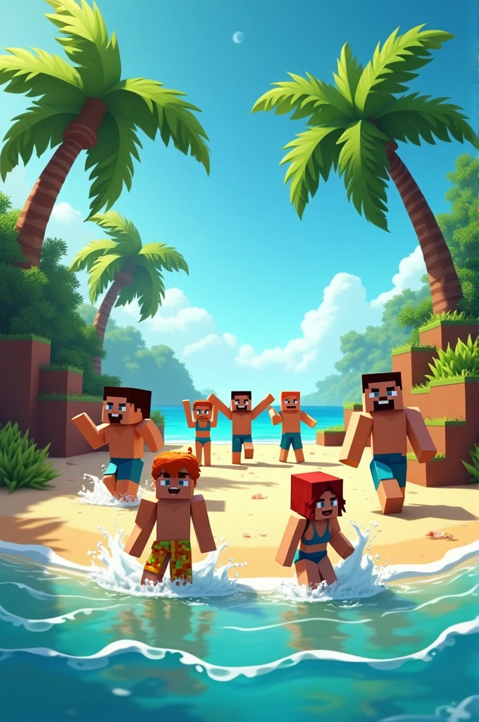 Minecraft characters in swimsuits playing on a tropical beach with palm trees