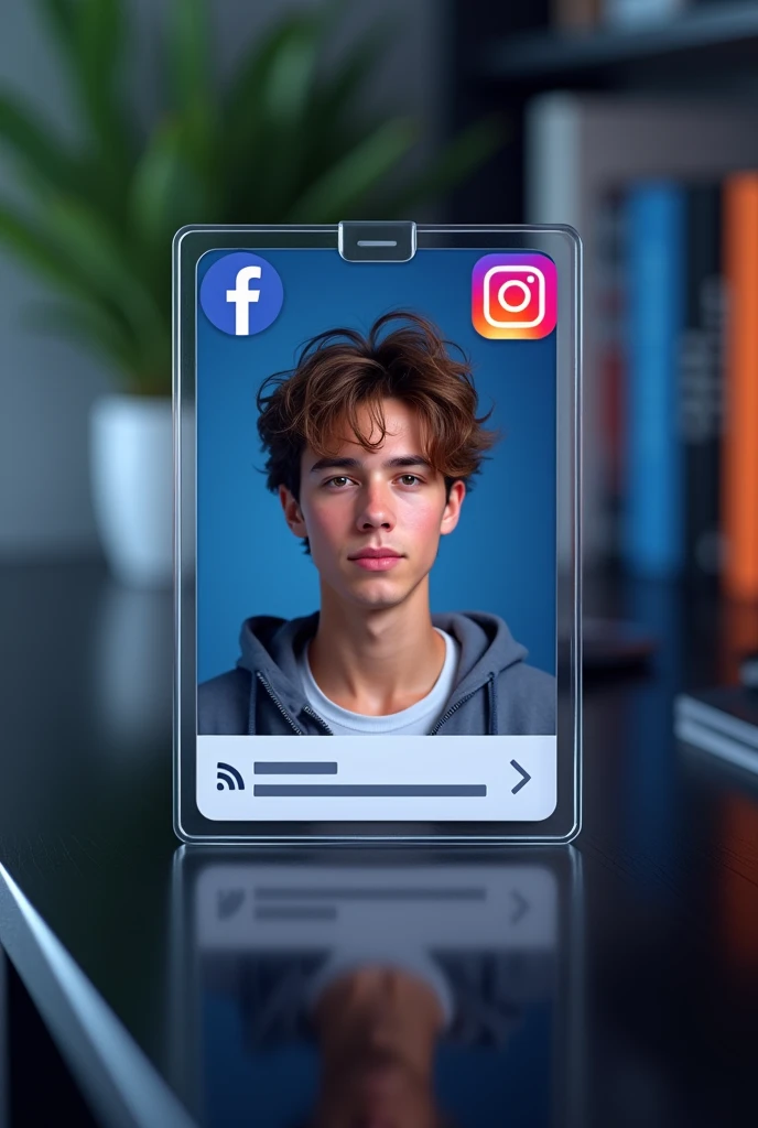 M@Rifat hasan:Create a Facebook profile on glass id card on a black desk displaying Instagram logo and realistic profile photo of a age boy in circle and "Ariy