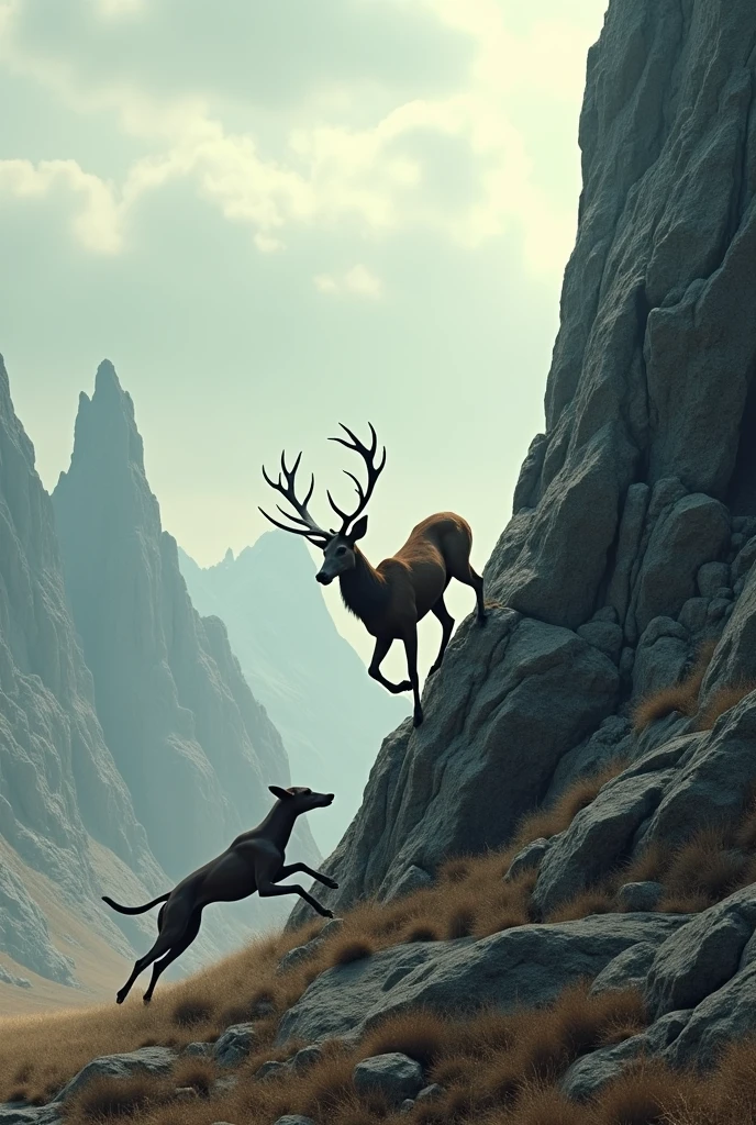 Deer climbing a rocky mountain to escape a greyhound