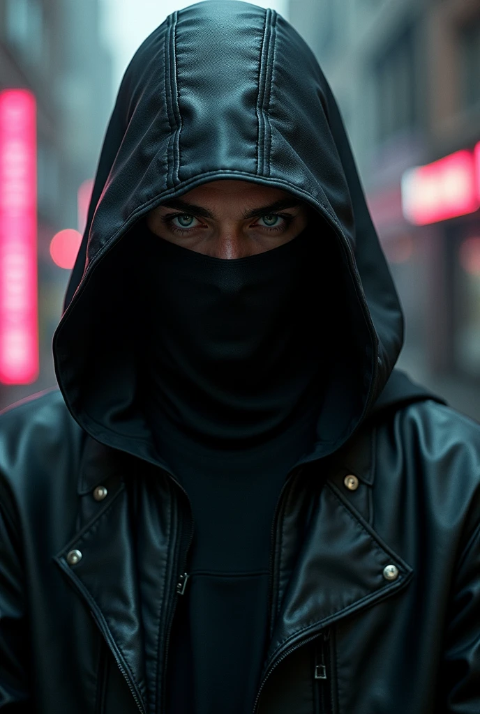 male character, with black mask, white eyes, cyberpuk, character facing forward, with hood,
