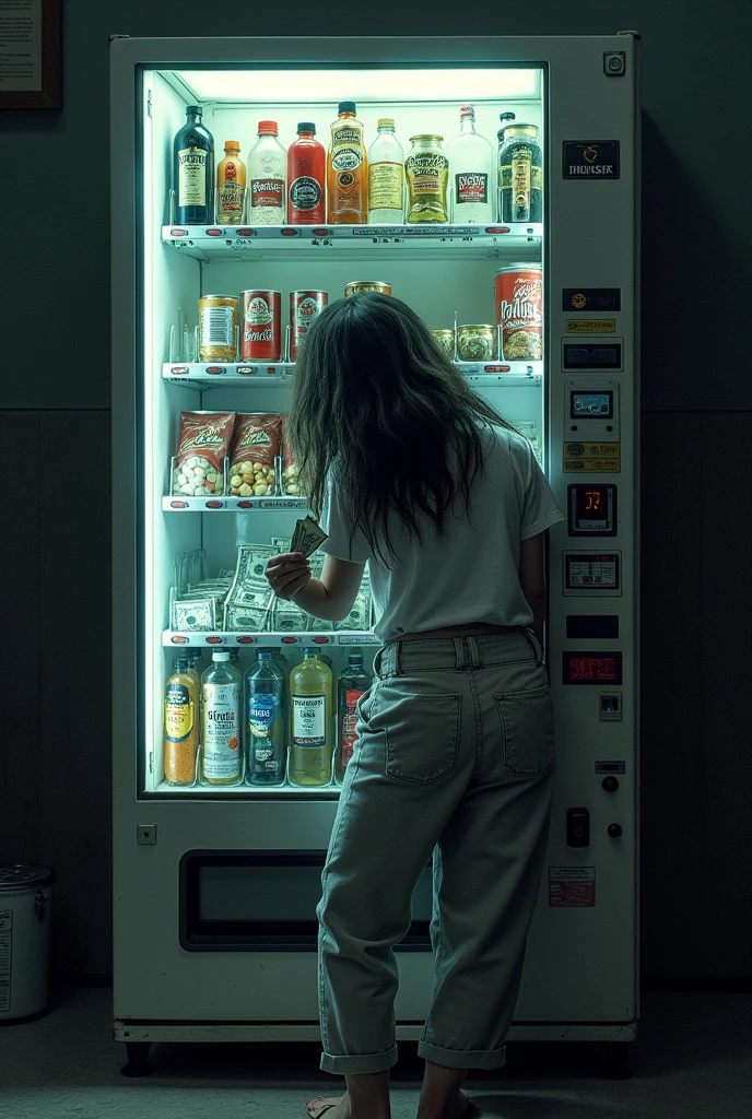 Concept: A person standing in front of a vending machine, with their head stuck inside, as if they’ve been swallowed by it. The machine is filled with not just snacks, but also pills, alcohol miniatures, and credit cards. The figure’s hand is visible outside the machine, desperately clutching a few dollar bills.