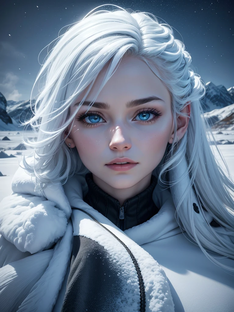 a majestic icy landscape, frozen snowy mountains, bare trees covered in snow, a raging snowstorm, a tranquil frozen lake with a cascading waterfall, vibrant northern lights dancing in the night sky, (best quality,4k,8k,highres,masterpiece:1.2),ultra-detailed,(realistic,photorealistic,photo-realistic:1.37),cinematic lighting,dramatic atmosphere,vivid colors,fantasy,winter,cold