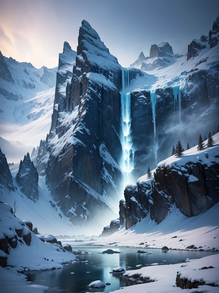 a majestic icy landscape, frozen snowy mountains, bare trees covered in snow, a raging snowstorm, a tranquil frozen lake with a cascading waterfall, vibrant northern lights dancing in the night sky, (best quality,4k,8k,highres,masterpiece:1.2),ultra-detailed,(realistic,photorealistic,photo-realistic:1.37),cinematic lighting,dramatic atmosphere,vivid colors,fantasy,winter,cold