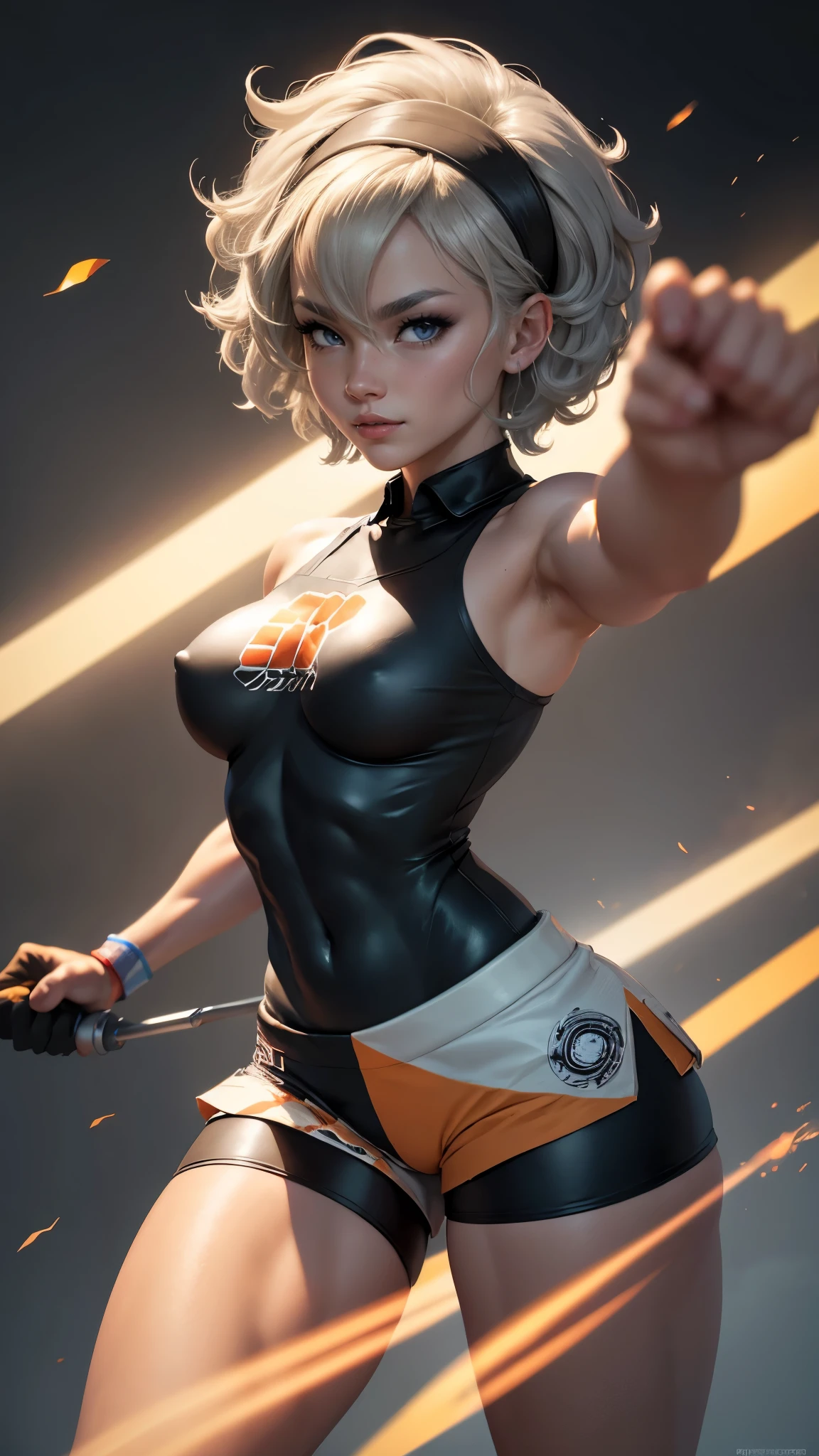 Bea da pokemon,(best qualityer,4K,8k,high resolution, work of art:1.2)(weather: cloudy), Pokemon stadium background, short curly hair, gray hair, cropped shirt, micro shorts, thigh high stockings, headband, gloves, leotard, nipples, ultra detailed, realistic, beautiful detailed gray eyes, beautiful detailed lips, extremely detailed eye and face, extremely detailed hands, long eyelashes, average, medium breasts, flying hair, beaming smile, powerful girl in a combat, kung fu stance, sweating, bright coloured, dramatic lighting,