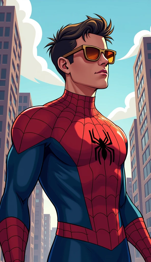 spiderman wearing wooden sunglasses
